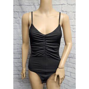 H&M S BLACK RUCHED SLIM FIT SPAGHETTI THONG V-NECK LOW CUT STRETCH BODYSUIT